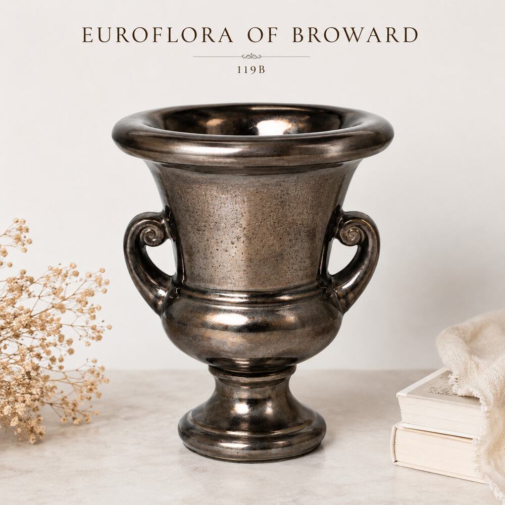 Vintage Euroflora Broward Metallic Gunmetal Urn Vase Postmodern Trophy Decor